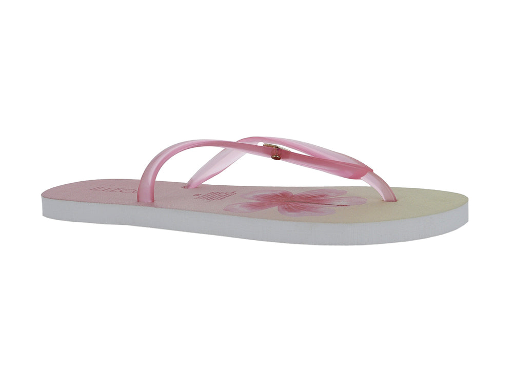 Sandalias de dedo color rosa con diseño floral en la plantilla y suela blanca.