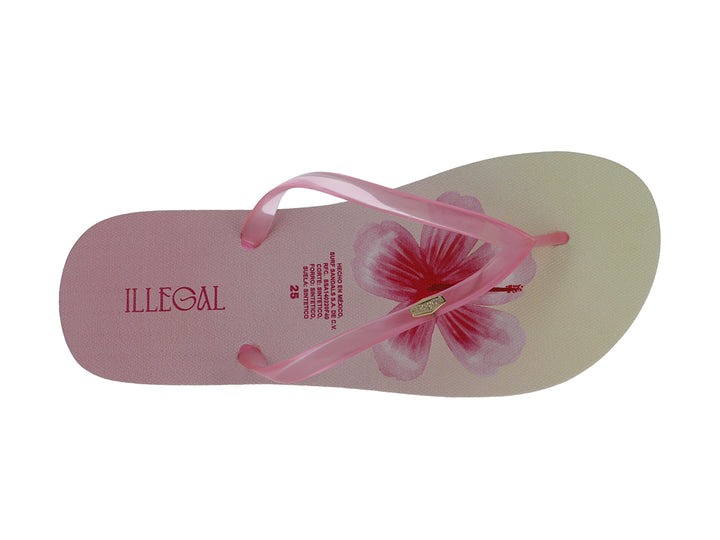 Sandalias de dedo color rosa con diseño floral en la plantilla y suela blanca.