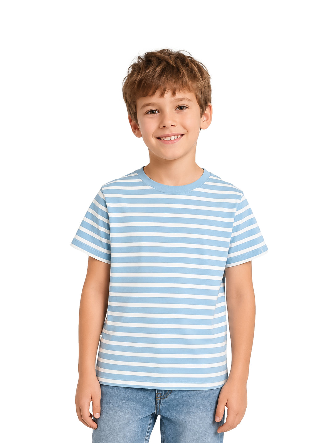 Camiseta para niño de manga corta con estampado de rayas horizontales en color azul y blanco.
