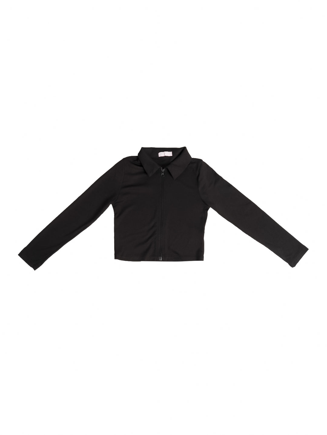 Chaqueta corta de color negro para niña con cierre frontal y manga larga sobre fondo blanco.