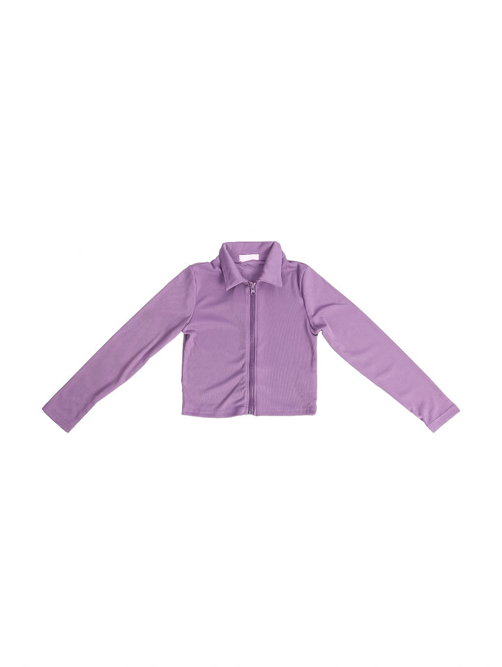 Chaqueta morada de manga larga con cierre frontal y textura acanalada para Niña.