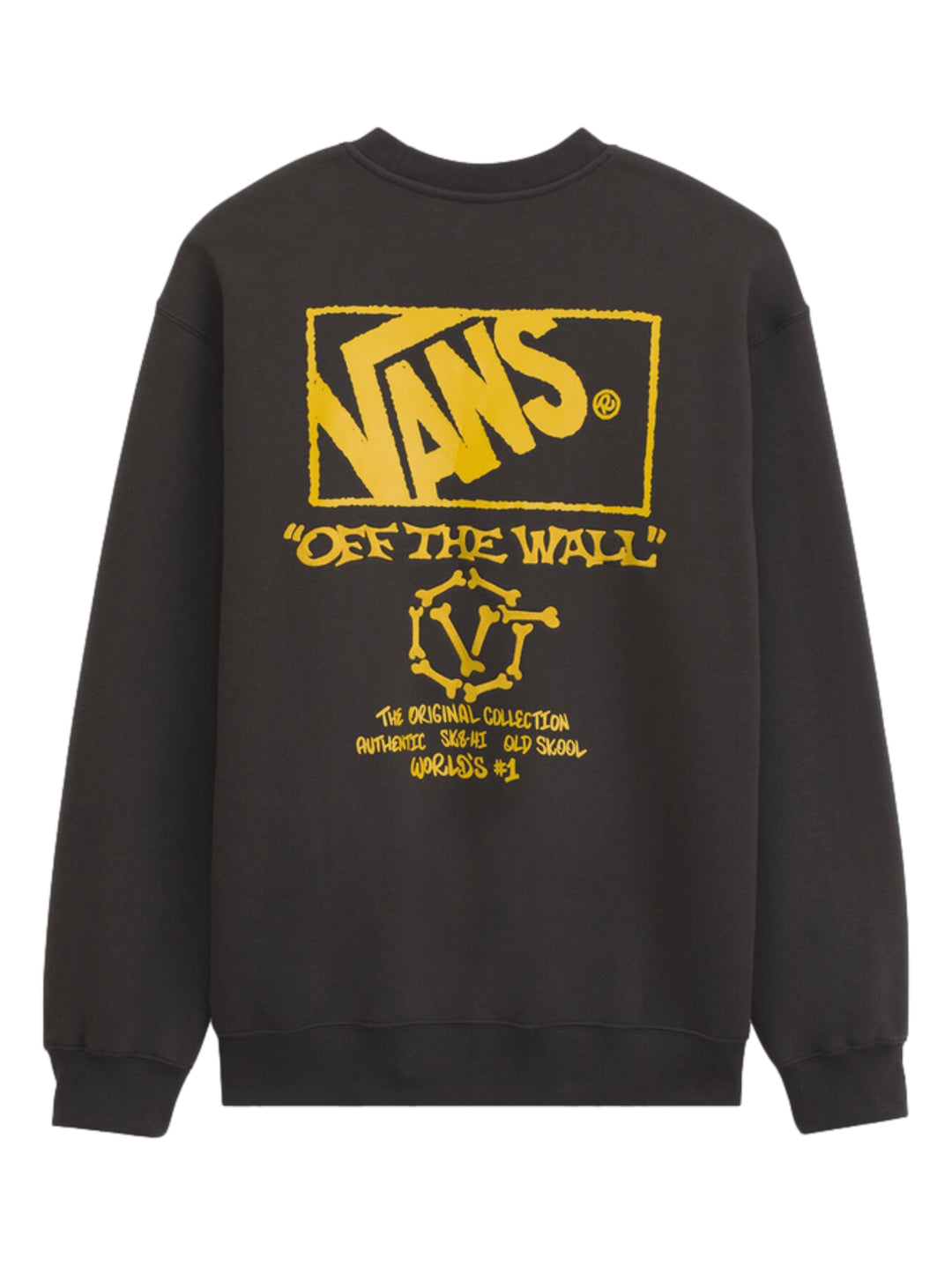 Hombre vistiendo una sudadera negra de cuello redondo con logotipo amarillo de VANS en el pecho.
