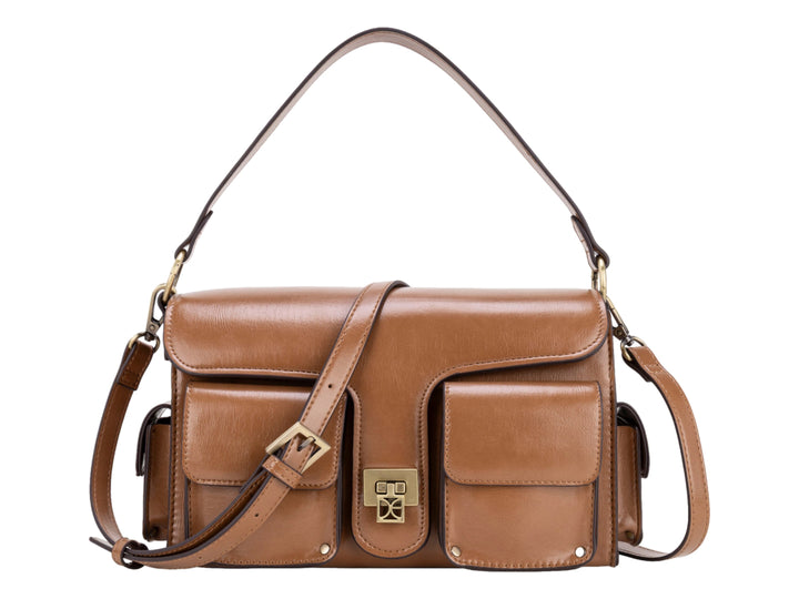 Bolso de cuero color camel con asa superior, correa ajustable y detalles metálicos dorados.