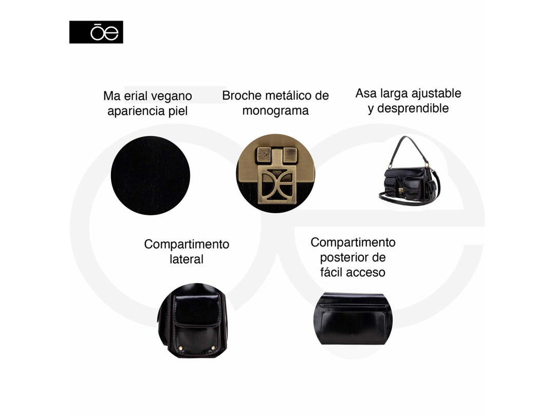 Bolso de cuero color camel con asa superior, correa ajustable y detalles metálicos dorados.