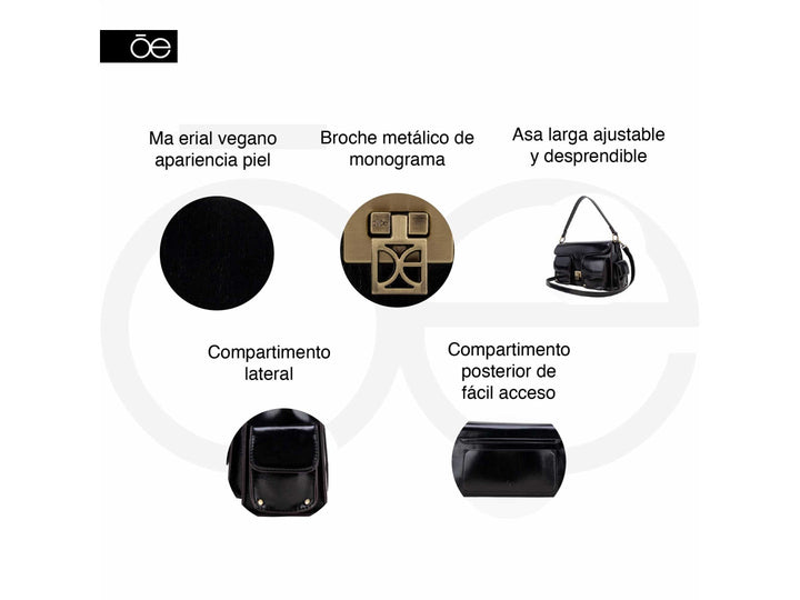 Bolso de cuero color camel con asa superior, correa ajustable y detalles metálicos dorados.