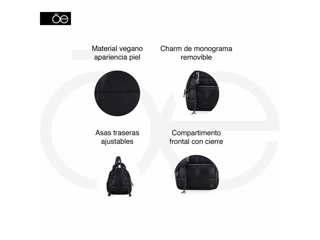 Mochila Cloe color negro con diseño acolchado, detalles plateados y asa superior.