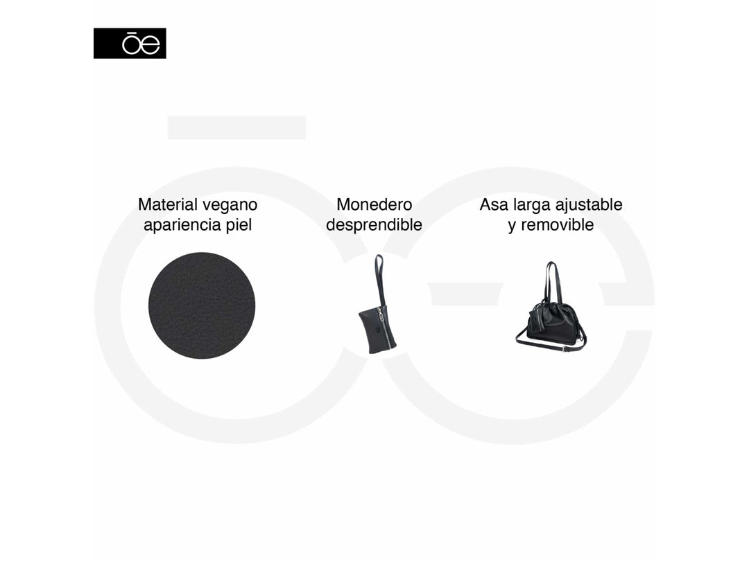 Bolso de hombro Cloe en color negro, confeccionado en cuero con diseño fruncido y un pequeño bolsillo frontal con cierre.
