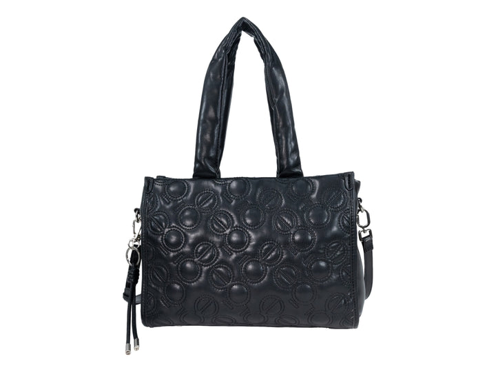 Bolso de hombro Cloe color negro con diseño acolchado de círculos en relieve y asas superiores.