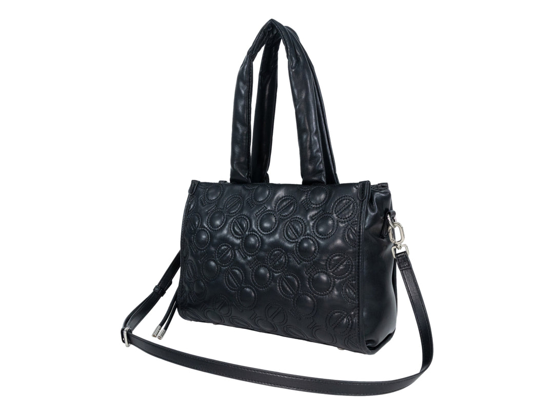 Bolso de hombro Cloe color negro con diseño acolchado de círculos en relieve y asas superiores.