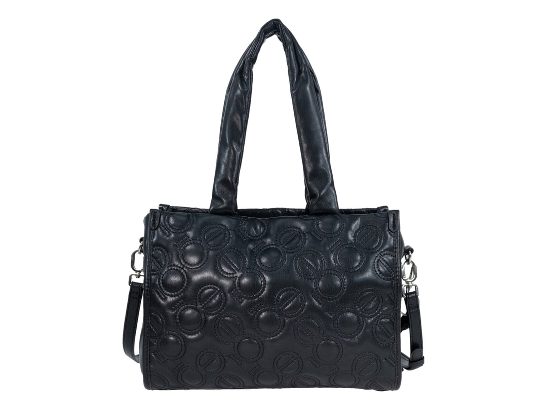 Bolso de hombro Cloe color negro con diseño acolchado de círculos en relieve y asas superiores.