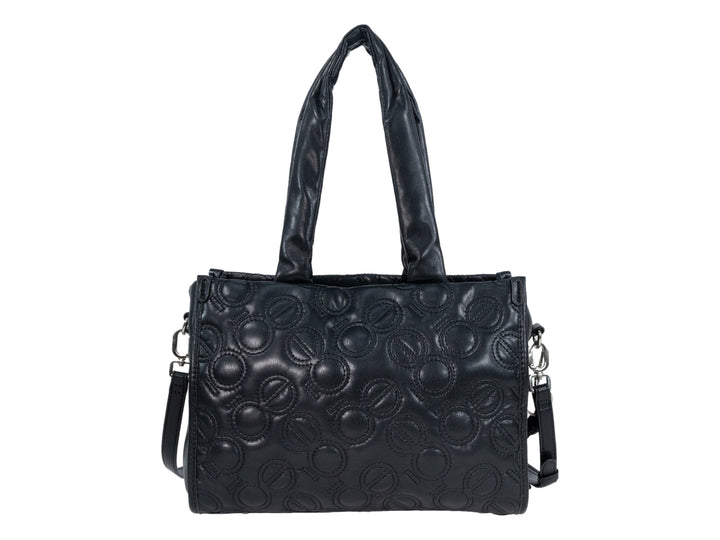 Bolso de hombro Cloe color negro con diseño acolchado de círculos en relieve y asas superiores.