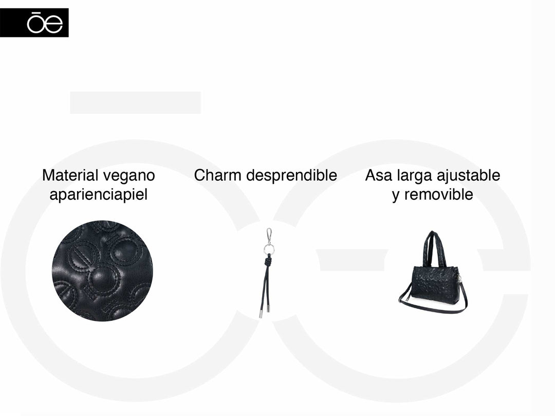Bolso de hombro Cloe color negro con diseño acolchado de círculos en relieve y asas superiores.