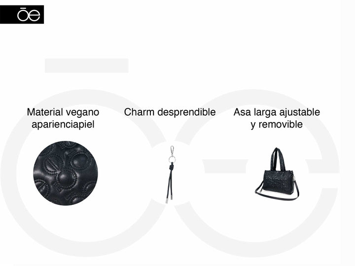 Bolso de hombro Cloe color negro con diseño acolchado de círculos en relieve y asas superiores.