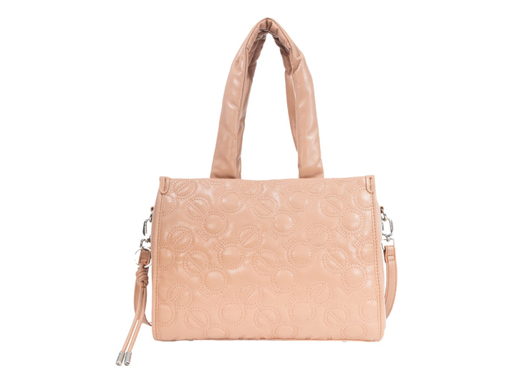 Bolso Cloe color rosa con textura acolchada de círculos, asas superiores y correa lateral desmontable.