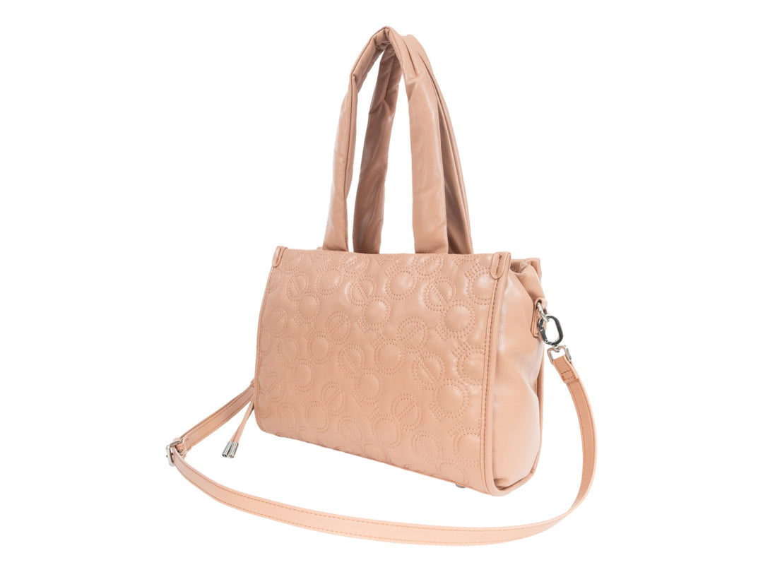 Bolso Cloe color rosa con textura acolchada de círculos, asas superiores y correa lateral desmontable.