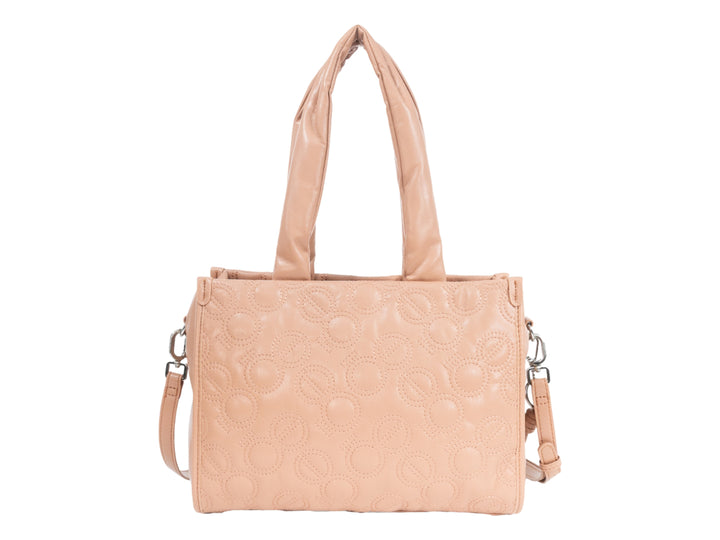Bolso Cloe color rosa con textura acolchada de círculos, asas superiores y correa lateral desmontable.