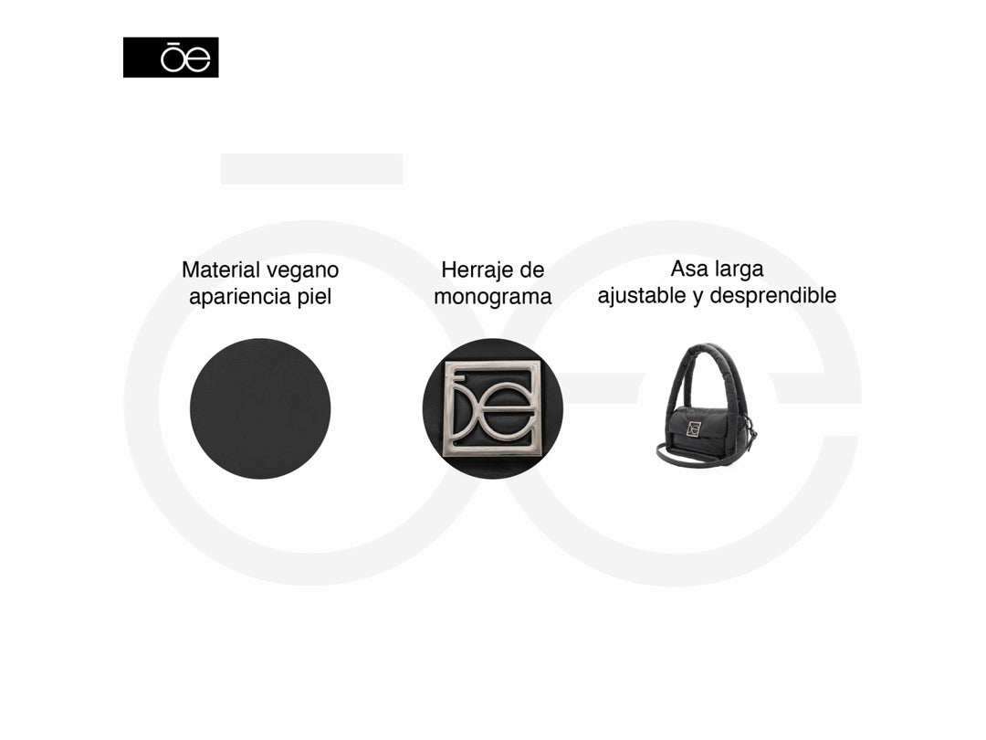 Bolso de hombro Cloe color negro con diseño acolchado y herraje metálico frontal.