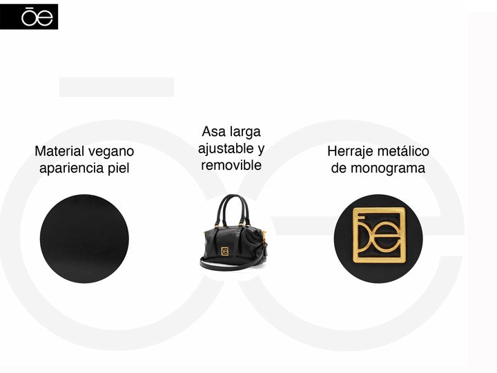 Bolso de mano Cloe color negro brillante con herrajes y logotipo en tono dorado.