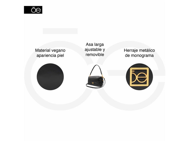 Bolso Cloe color negro con herrajes dorados, asa corta y correa larga ajustable.