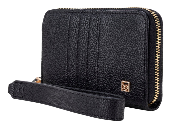 Bolso estilo cartera Cloe en color negro con textura rugosa, correa desmontable y detalles dorados.