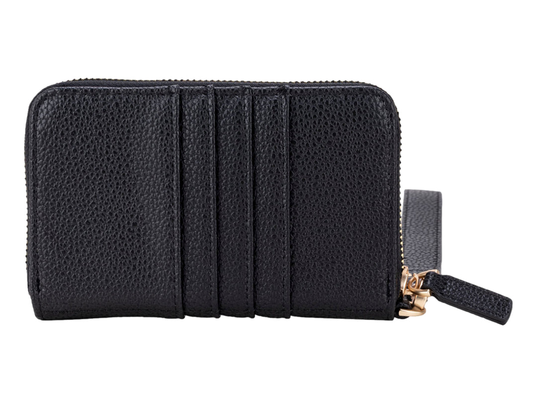 Bolso estilo cartera Cloe en color negro con textura rugosa, correa desmontable y detalles dorados.