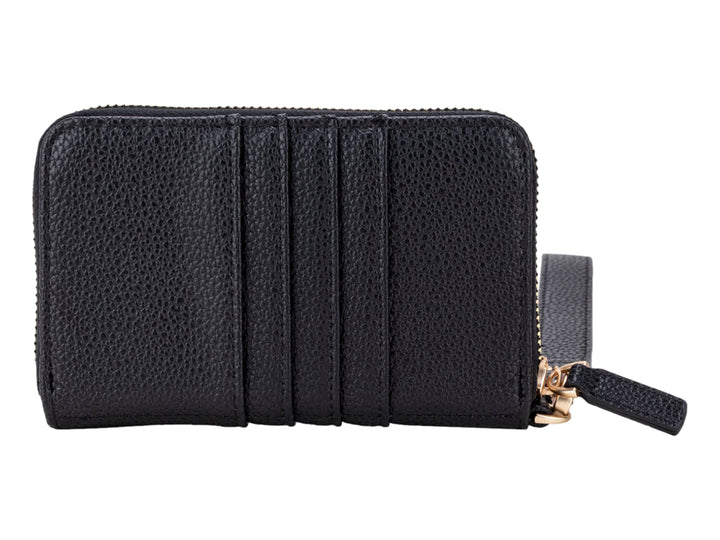 Bolso estilo cartera Cloe en color negro con textura rugosa, correa desmontable y detalles dorados.