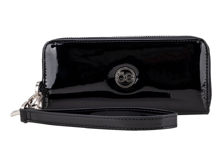 Cartera negra brillante de Cloe con correa de mano y cierre superior.