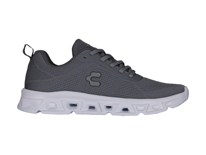 Tenis deportivos Charly color gris Oxford con suela blanca y tejido de malla.