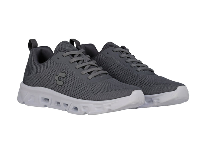 Tenis deportivos Charly color gris Oxford con suela blanca y tejido de malla.