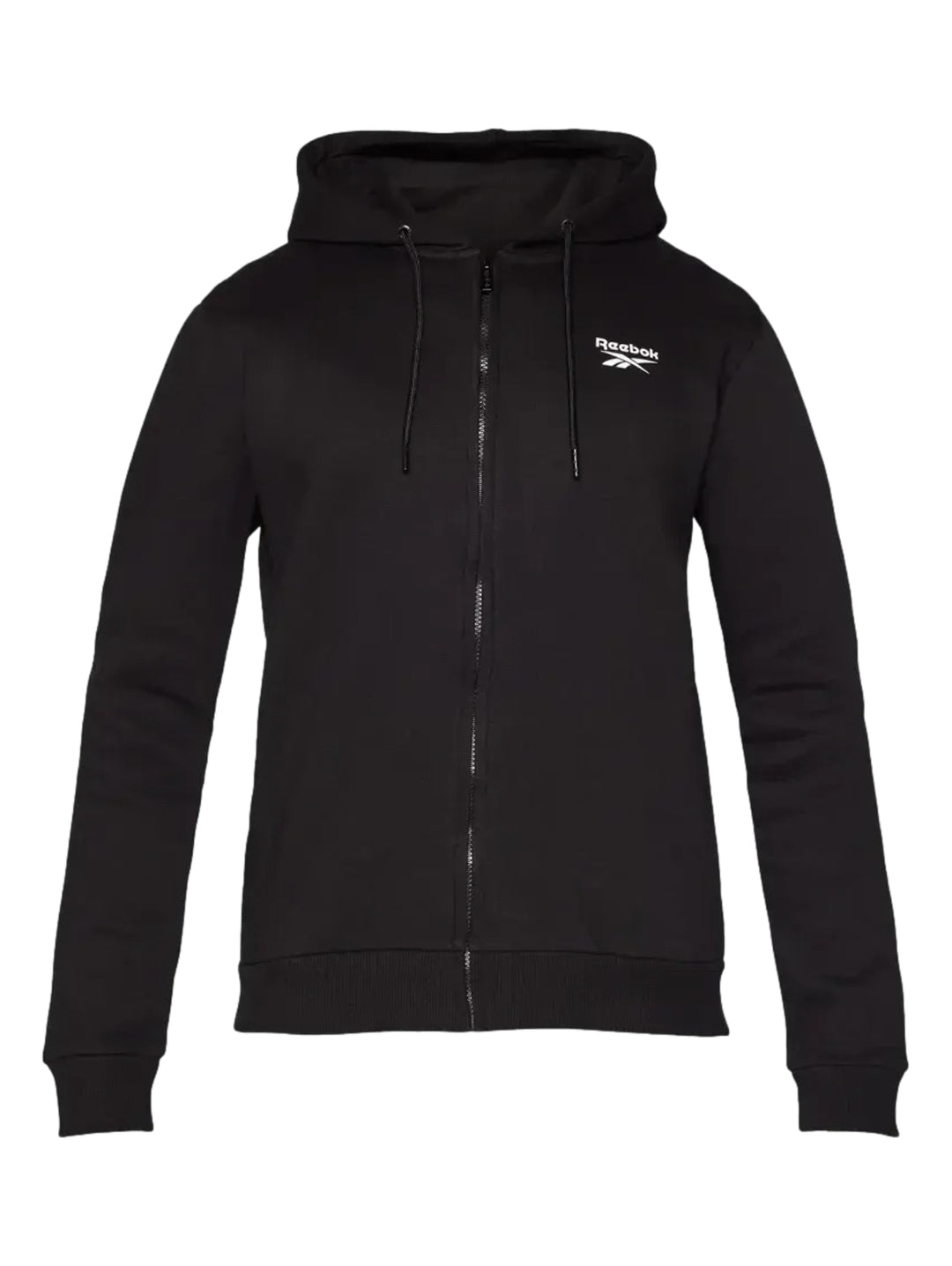 Hombre vistiendo una sudadera negra con capucha y cierre frontal de la marca Reebok.