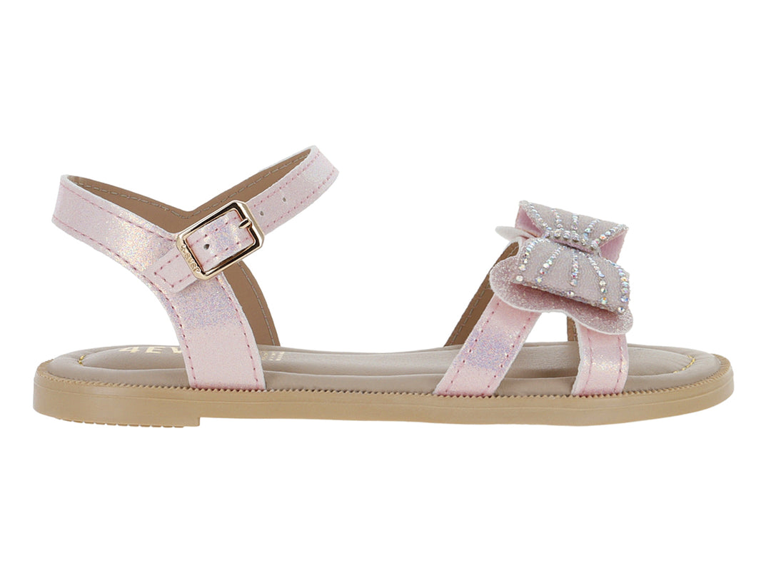 Sandalias rosas para niña con moño brillante y correa ajustable con hebilla dorada.