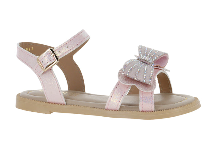Sandalias rosas para niña con moño brillante y correa ajustable con hebilla dorada.