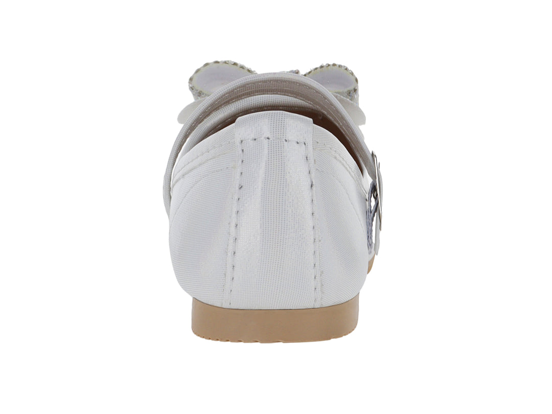 Zapato tipo ballerina color plata para niña con moño decorativo y hebilla.