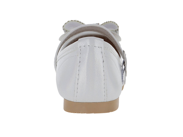Zapato tipo ballerina color plata para niña con moño decorativo y hebilla.