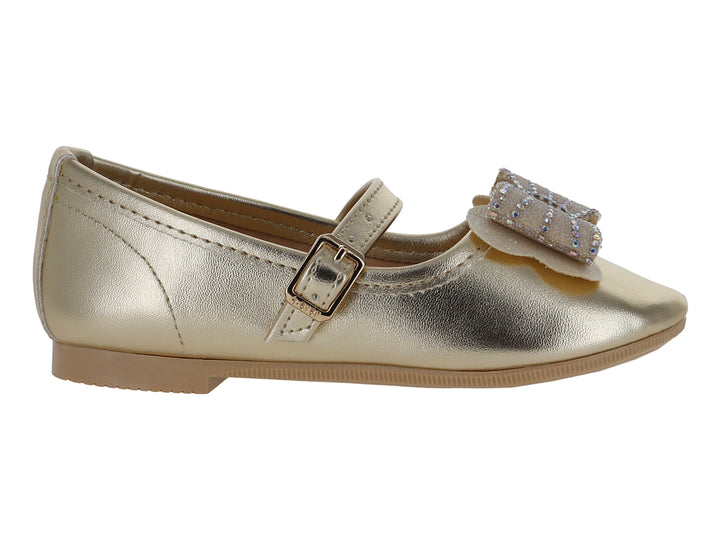 Zapato tipo ballerina color oro inglés para niña con moño decorativo y correa con hebilla.