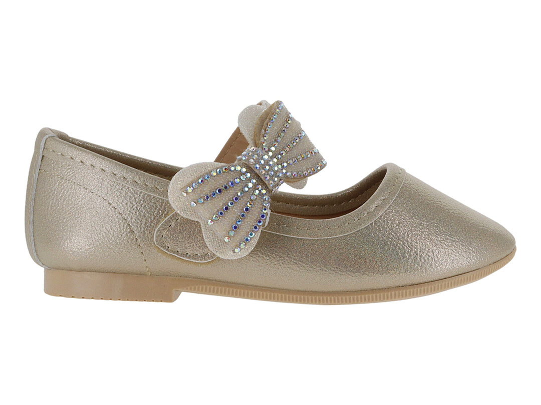 Zapato plano color platina con moño decorado con pedrería brillante para niña.