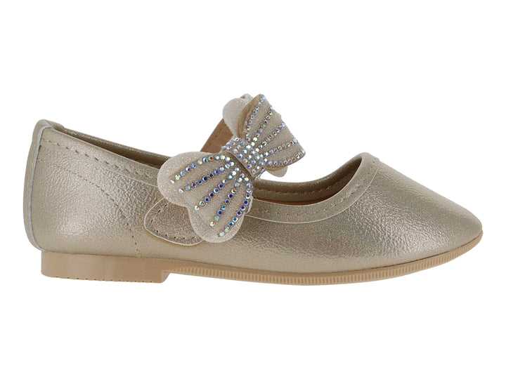 Zapato plano color platina con moño decorado con pedrería brillante para niña.