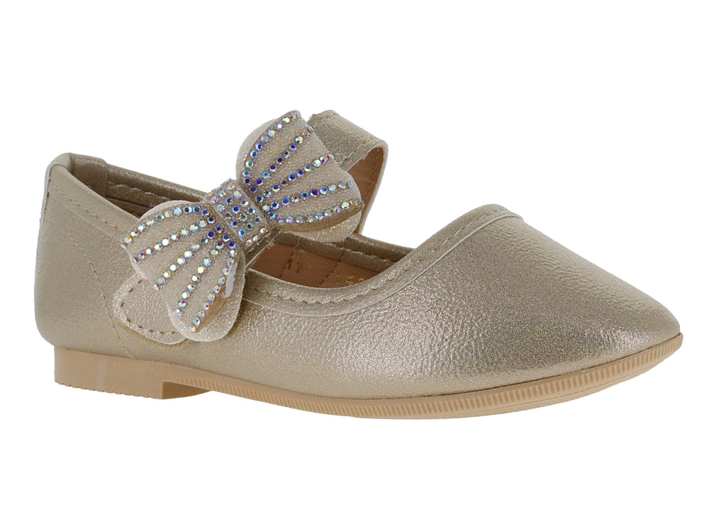Zapato plano color platina con moño decorado con pedrería brillante para niña.
