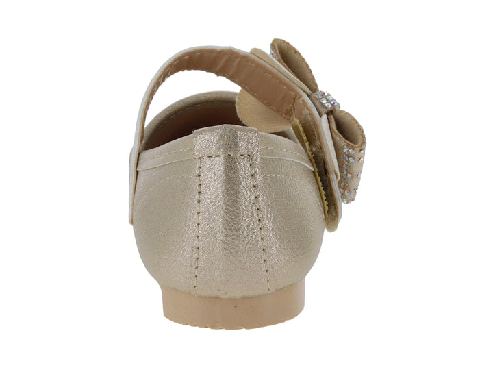 Zapato plano color platina con moño decorado con pedrería brillante para niña.