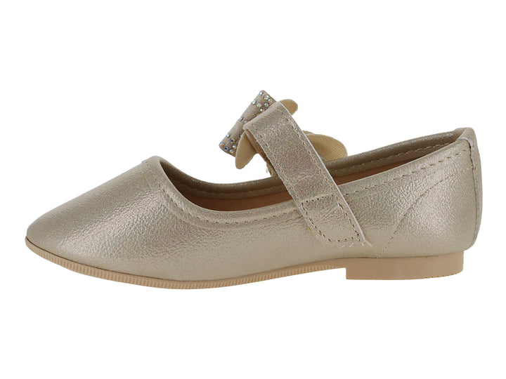 Zapato plano color platina con moño decorado con pedrería brillante para niña.