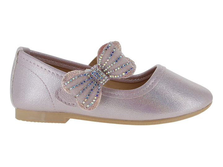 Zapato plano para niña color rosa brillante con moño decorado con pedrería.