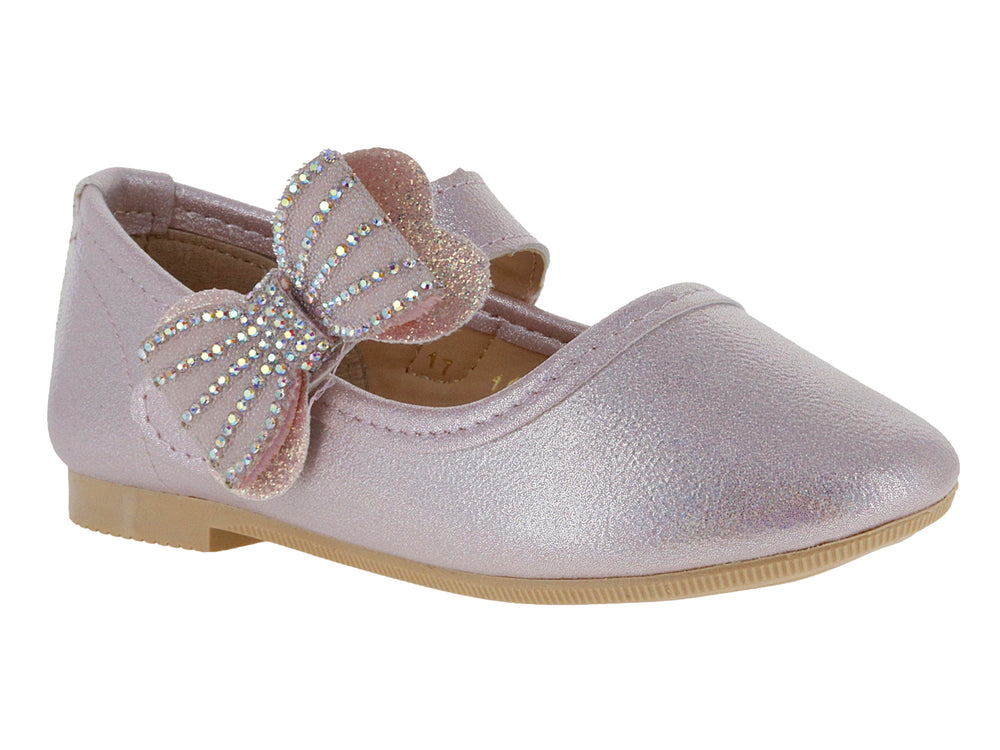 Zapato plano para niña color rosa brillante con moño decorado con pedrería.
