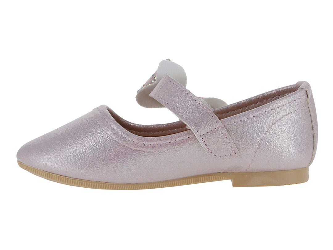 Zapato plano para niña color rosa brillante con moño decorado con pedrería.
