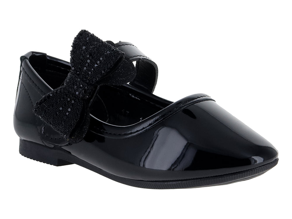 Zapato plano de charol negro para niña con un moño decorativo brillante en la parte superior.