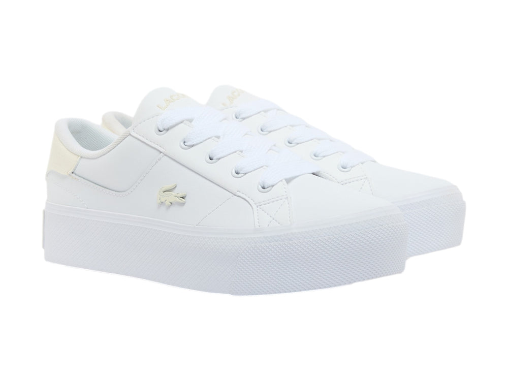 Tenis Lacoste blancos de plataforma con detalles en color crema y suela gruesa blanca.