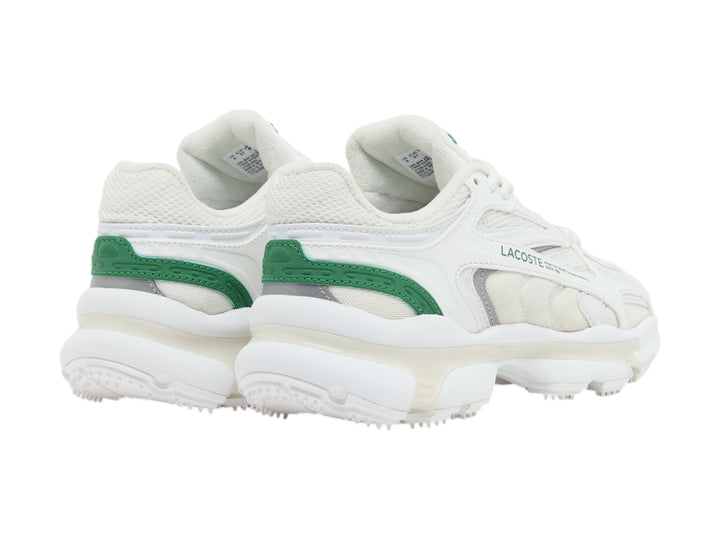 Tenis deportivos Lacoste blancos con detalles en verde y suela gruesa.