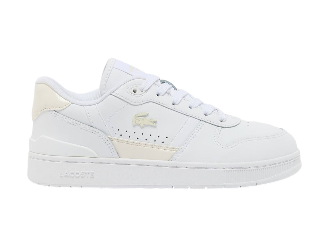 Tenis Lacoste T-Clip color blanco con detalles en beige y suela blanca.