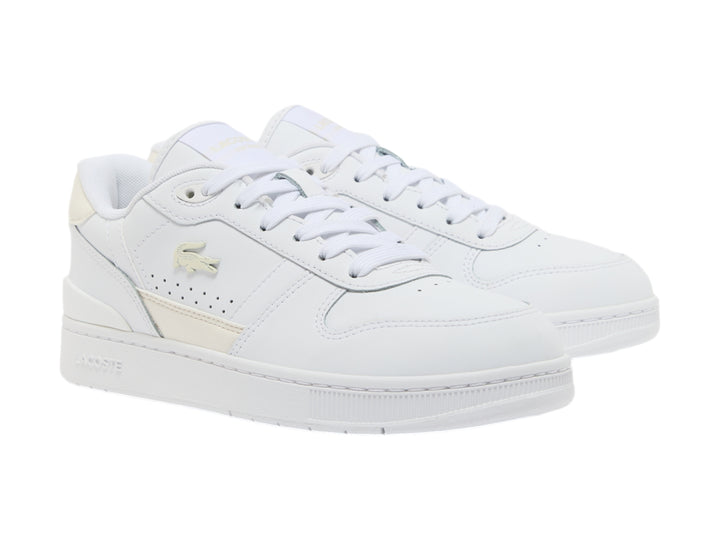 Tenis Lacoste T-Clip color blanco con detalles en beige y suela blanca.