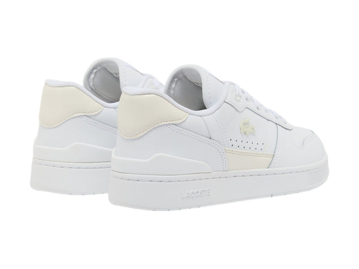Tenis Lacoste T-Clip color blanco con detalles en beige y suela blanca.