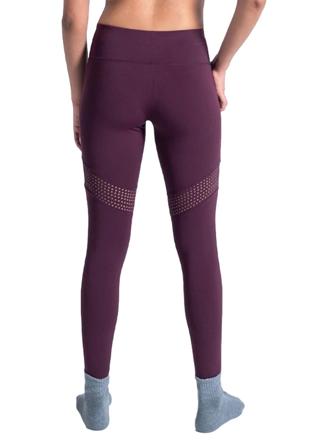 Leggings deportivos color vino con paneles de malla en los muslos y talle alto.